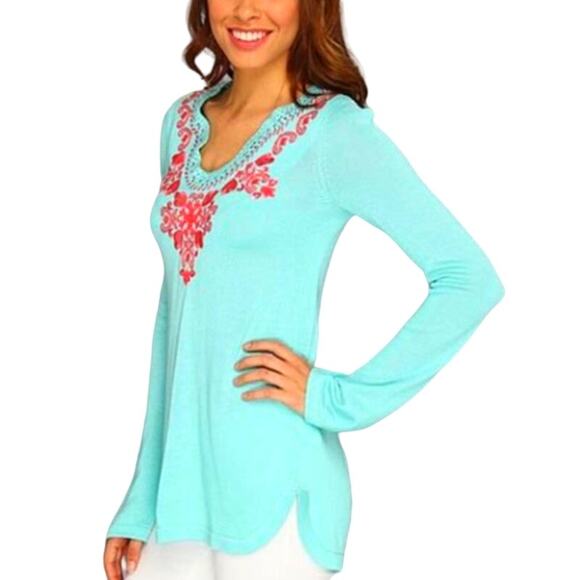 Lilly Pulitzer April Teal Tunic Sweater Whimsy Fairy Crystal Pink Embroidered M - Picture 12 of 12